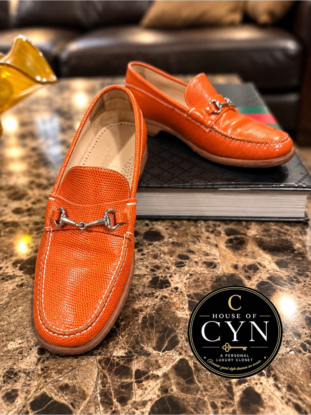 Cole Haan Ascot Orange Lizard Embossed Leather Horsebit Loafers, 5B, Hand-sewn